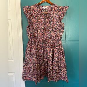 Time and Tru Pink and Blue Floral Flutter Sleeve Dress Drawstring, Waist Pockets